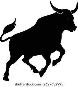 Captures a strong black bull silhouette, depicted in mid charge against a contrasting white backdrop, symbolizing strength, determination, and raw animal power with bold artistry.