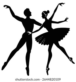 Captures a stunning silhouette of a ballet couple. The male dancer extends his arm while the ballerina elegantly dances with arms raised. This is on a transparent background.