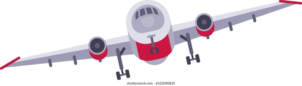 Capturing the bottom view of a passenger airplane in flight, showcasing the landing gear extended and set against a clean white background, emphasizing the details of aviation design