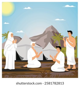 Capturing a group of pilgrims in prayer near tents and a mountain in a serene landscape. Flat vector modern illustration 