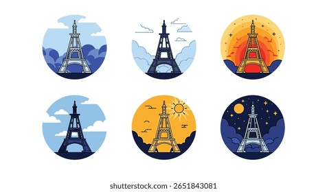 Capturando a icônica Torre Eiffel através de diversos estilos artísticos e ciclos noturnos