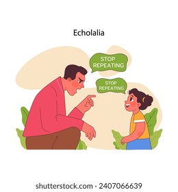 Capturing a moment of echolalia, this illustration gently portrays the challenges of repetitive speech in autism communication. Flat vector illustration.