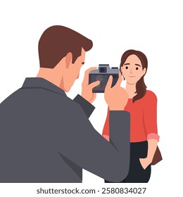 Capturing the Moment. Man takes a photo of a smiling woman posing in front of him with a camera. Flat vector illustration isolated on white background