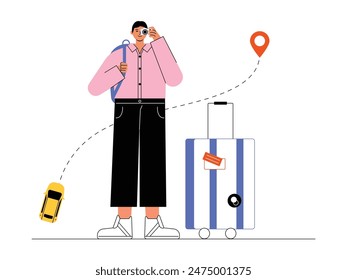 Capturing the moment in the middle of a fun road trip, vector illustration.