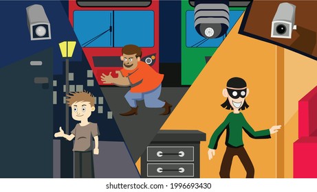 Capturing people's activities and crimes through CCTV technology. Three illustrations of events caught on surveillance cameras
