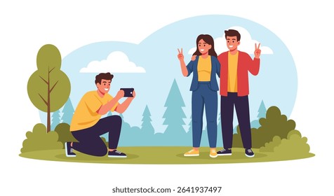 Capturing Precious Moments Photographer Taking Pictures of Young Couple in Nature