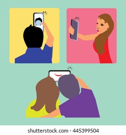 Capturing selfie in cellphone shown in three different situations.