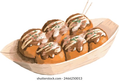 Capturing the Warmth and charm of quintessential Japanese street cuisine. A watercolor representation of octopus balls.