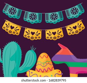 captus with hat and donkey pinata, label cinco de mayo vector illustration design