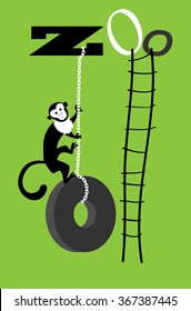 Capuchin monkey climbing a tire swing, hanging down from the word "Zoo", rope ladder on it's right, EPS 8 vector illustration