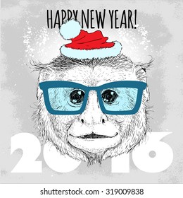 Capuchin monkey Hipster with blue glasses and Christmas hat. Merry Christmas and Happy New Year vector illustration for placard design, posters, fashion print and textile 