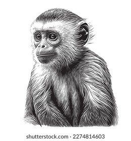 Capuchin monkey portrait hand drawn sketch illustration, Wild animals