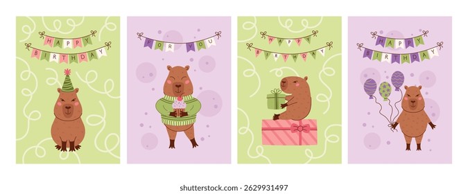 Capy birthday greeting card bundle. Cute capybara characters with gift boxes, cupcake, party hat, balloons. Vector childish flat poster collection for party, scrapbooking, print.
