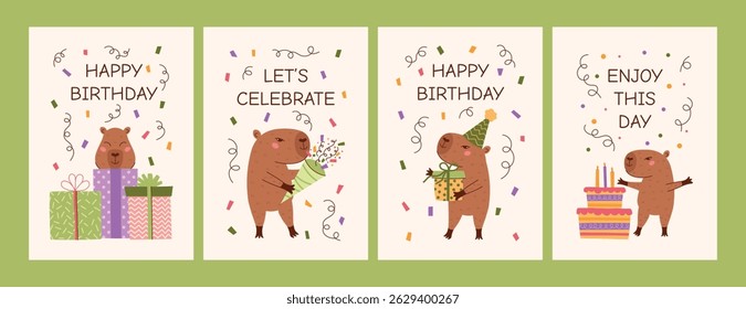 Cartão de saudação de aniversário Capy definido. Personagens capibara bonito com caixas de presente, bolo, clapper, chapéu de festa, confete. Coleção de pôster plano infantil vetorial para festa, scrapbooking, impressão.
