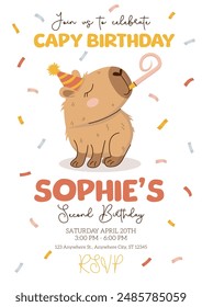 Capy Birthday invitation template in hand-drawn style with cute capybara in hat, confetti and pipe. Happy birthday concept. Amusing capibara character. Vector illustration for party, event.