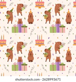 Capy Birthday seamless pattern with capybara, cake, confetti, clapper, gift boxes, party hat. Festive celebration vector background with flat hand drawn cute pastel elements for scrapbooking, cards.
