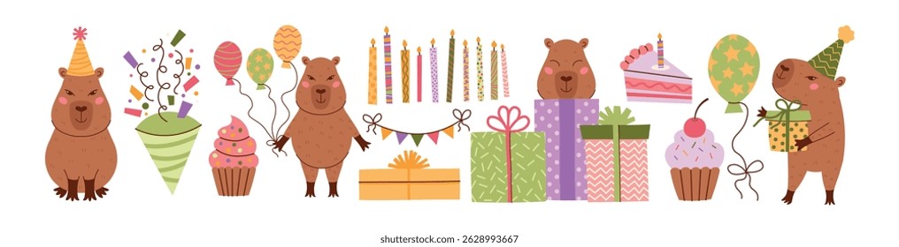 Capy aniversário definido. Capivara bonita, balões, caixas de presente, bolo, velas, chapéu de festa. Capybara animal caráter, festa celebração pastel elementos coleção. Ilustração plana vetorial para crianças, crianças.
