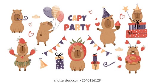 Capy Party collection with funny capybaras, gifts, balloons, ripe strawberries, hand-drawn in a modern style. A set of vector elements on a white background.