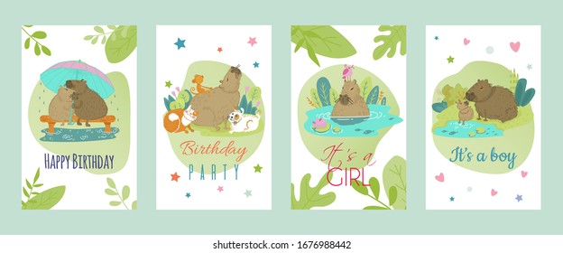 Capybara animal in cartoon style, vector illustration. Cute zoo pet on colorful banner. Greeting with birthday and with son or daughter birth. Collection of funny zoo character for kids in nature