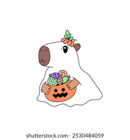 Capybara personaje animal en fantasma Halloween truco o trato disfraz y cesta de calabaza con caramelos. Сarte de labios para las vacaciones de octubre. Vector ilustración de dibujos animados