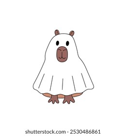 Capybara animal character in ghost Halloween trick or treat costume. Сlip art for October holiday. Vector cartoon illustration