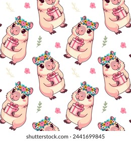 Capybara animal pattern holding a gift, cute, vector illustration
kawaii