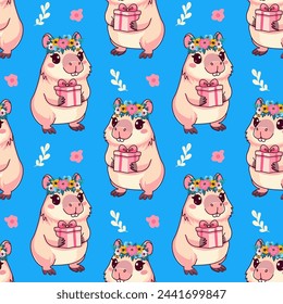 Capybara animal pattern holding a gift, cute, vector illustration
kawaii