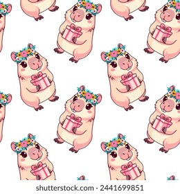 Capybara Tiermuster mit einem Geschenk, niedlich, Vektor-Illustration
Kawaii