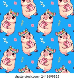 Capybara animal pattern holding a gift, cute, vector illustration
kawaii