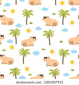 Capybara animal seamless with palm tree, sun and cloudy 