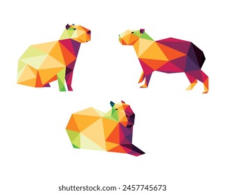 Capybara Animal Set in Colorful Polygonal low poly. Collection of Capybara in Colorful abstract Vector. Capybara Colorful Logo Set