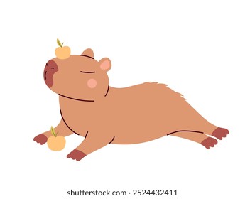 Capybara with apple isolated on white background. Cute animal. Funny animal character.