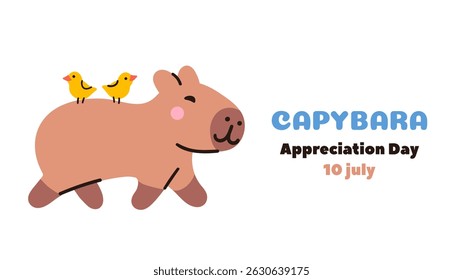 Banner do Dia de Apreciação da Capybara. Capivara kawaii bonito andando com pássaros em suas costas, isolado no fundo branco