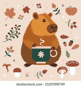 Capybara Otoño Ilustración vectorial Acogedora. Una encantadora ilustración de un lindo capibara sosteniendo una taza humeante, rodeado de Elementos con temática otoñal como hojas, bellotas, champiñones y bayas