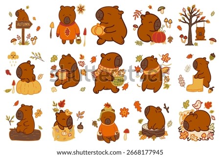 Capybara Autumn Vector Set , Cute Flat Style Animals with Pumpkins, Leaves, and Fall Elements