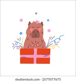 Capybara baby fun with star and heart. Animal capybara comic sticker. Vector Cartoon illustration