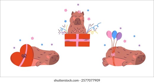 Capybara baby fun with star and heart. Animal capybara comic sticker. Vector Cartoon illustration