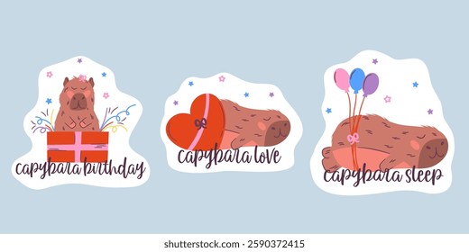 Capybara baby fun sticker with star and heart. Animal capybara comic sticker. Vector Cartoon illustration