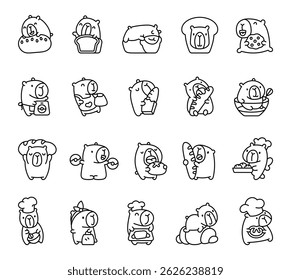 Capybara baking character set featuring adorable food scenes with bread, toast, cookies, baguettes, donuts and joyful kitchen moments for yours illustration and creative designs projects
