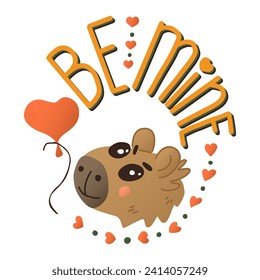 Capybara with balloon typographic oval composition. Valentines day concept printout. Cute flat animal character with hearts. Isolated colored illustration on white background. Good for poster