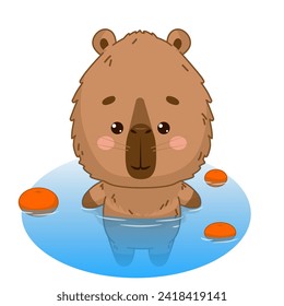 Capybara bathes with tangerines. Kawaii capybara. Postcard in children s cartoon style. Vector illustration of drawings, prints and patterns. Vector illustration