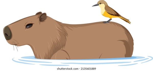 Capybara with a bird in cartoon style illustration