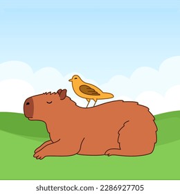 Capybara with bird. Cute animal in cartoon style. Illustration for social media post, design, postcard, poster.