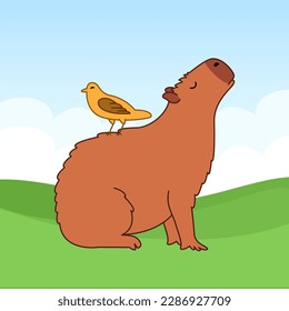 Capybara with bird. Cute animal in cartoon style. Illustration for social media post, design, postcard, poster.