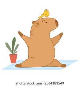 capybara and bird doing yoga at home
