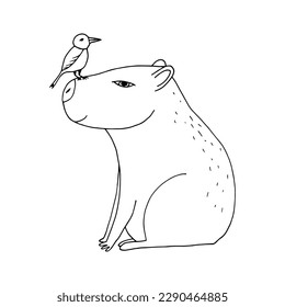 capybara with bird hand drawn in doodle style. cute animal in a simple line drawing. suitable for icon, sticker, decor