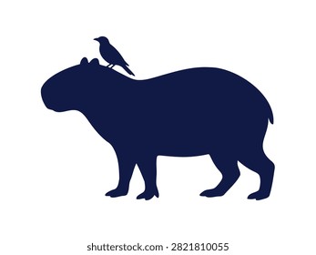 Capybara with a bird on its back in a minimalist dark blue style