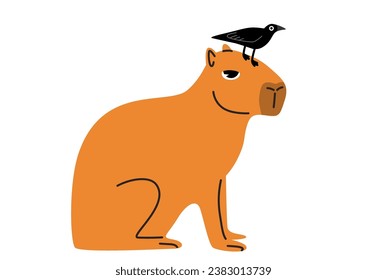 Capybara with bird. Vector flat illustration isolated on white background. Fun animal sticker.	