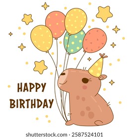 Capybara with birthday balloons. Birthday celebration concept cute capybara in a party hat. Funny capybara at birthday party