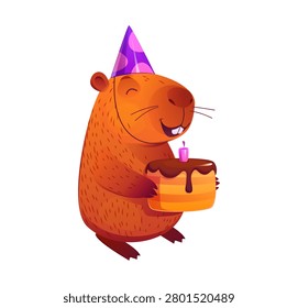 Capybara with birthday cake, cartoon funny animal character for kids kawaii design. Cute capybara with happy smile face, birthday cake with candle and party hat for cheerful cartoon animal character